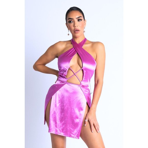 Women's Satin Sleeveless Cross Halter Open Mini Dress Party Club Dress Sexy - Picture 4 of 9